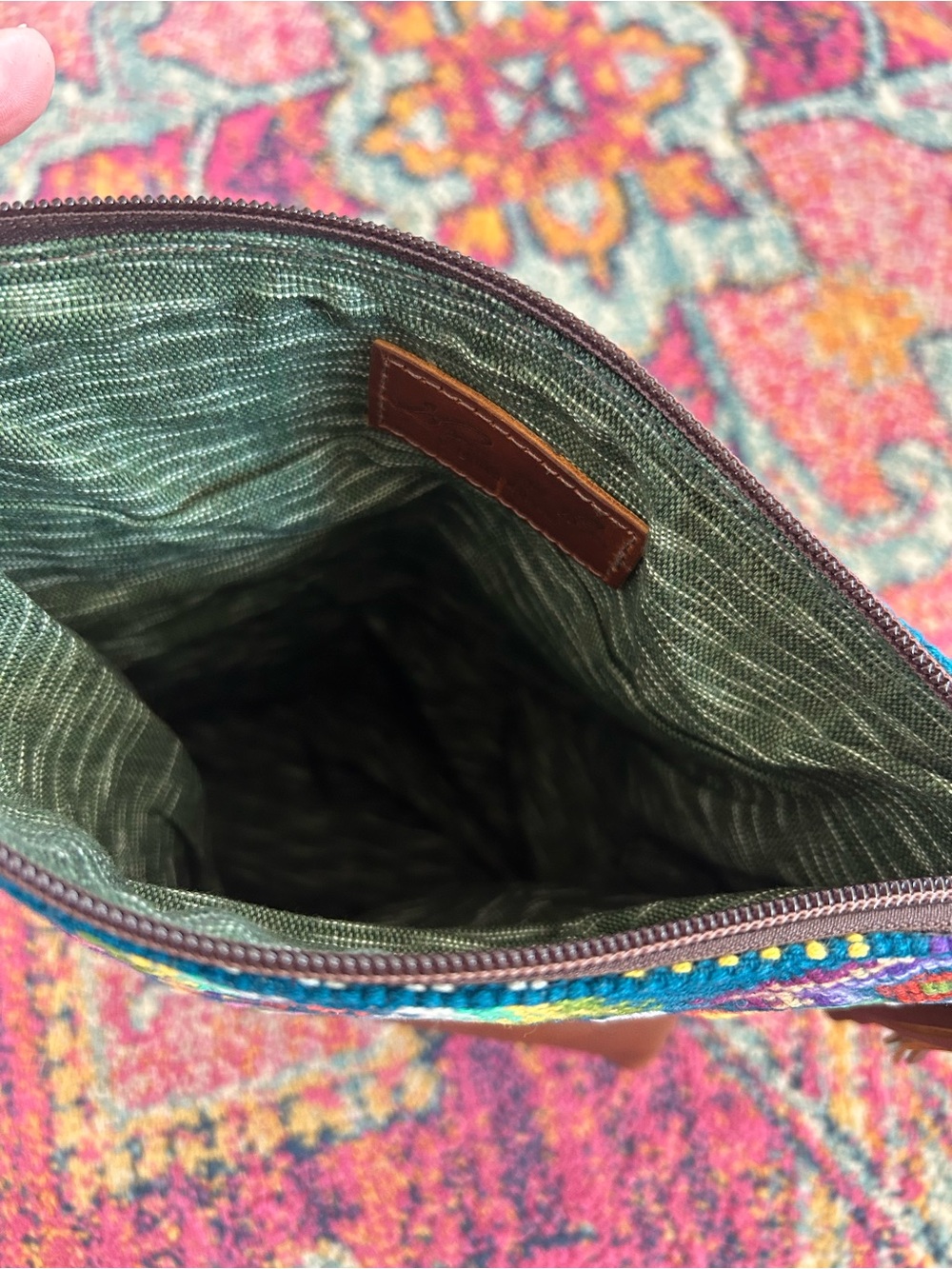 Guatemalan Artisan | Women’s Multicolor Canvas/Leather Boho Embroidered Clutch - Picture 11 of 14